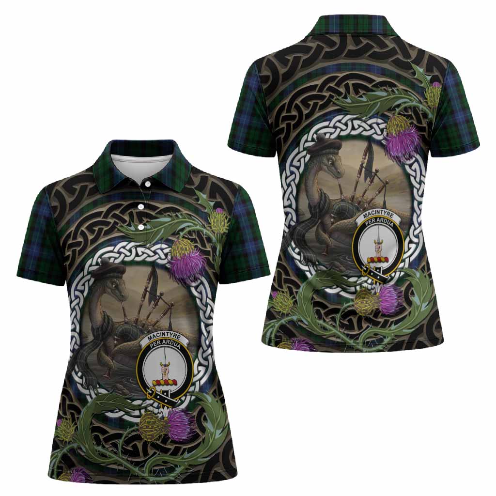 MacIntyre (McIntyre) Tartan Crest Bagpipe Nessie Women Polo Shirt Scottish Loch Ness Monster Celtic Thistle