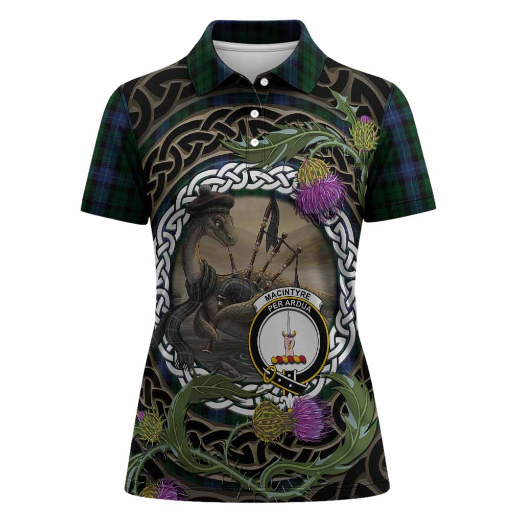 MacIntyre (McIntyre) Tartan Crest Bagpipe Nessie Women Polo Shirt Scottish Loch Ness Monster Celtic Thistle
