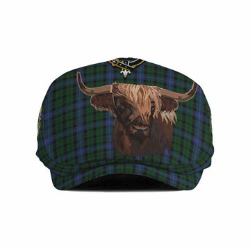 MacIntyre (McIntyre) Tartan Crest Flat Cap, Jeff Cap Scotland Heilan Coo Tartan Seamless Style