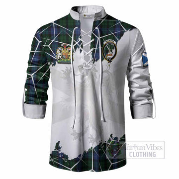 MacIntyre (McIntyre) Tartan Ghillie Shirt with Family Crest and Lion Rampant Grunge Style