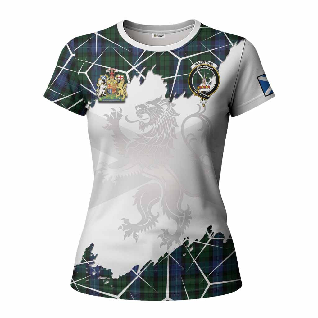 MacIntyre (McIntyre) Tartan Women T shirt with Family Crest and Lion Rampant Grunge Style