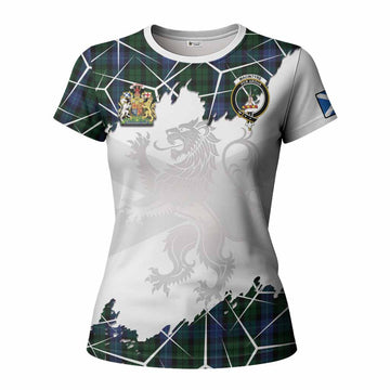 MacIntyre (McIntyre) Tartan Women T shirt with Family Crest and Lion Rampant Grunge Style