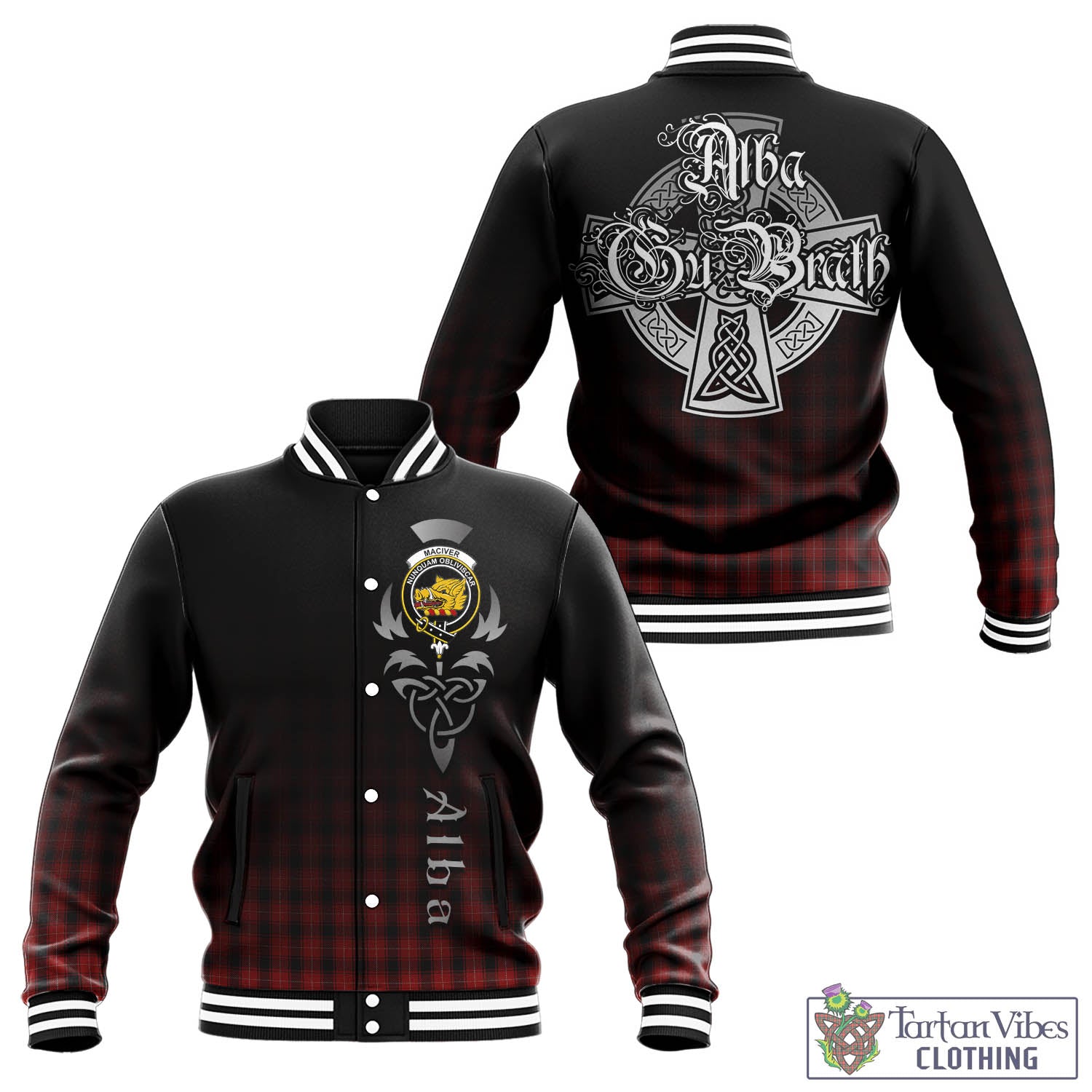 Tartan Vibes Clothing MacIver Tartan Baseball Jacket Featuring Alba Gu Brath Family Crest Celtic Inspired
