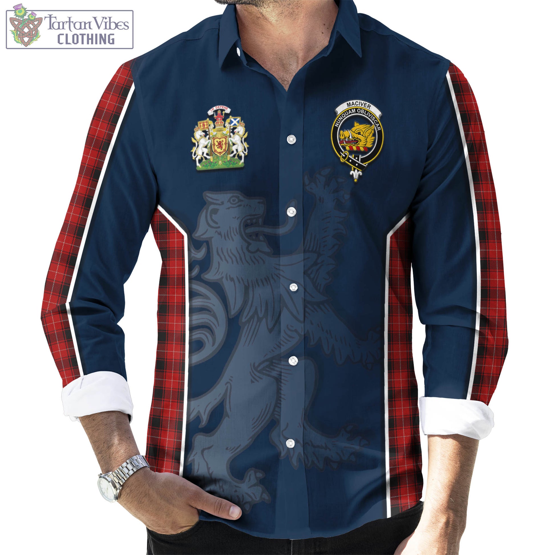 Tartan Vibes Clothing MacIver Tartan Long Sleeve Button Up Shirt with Family Crest and Lion Rampant Vibes Sport Style
