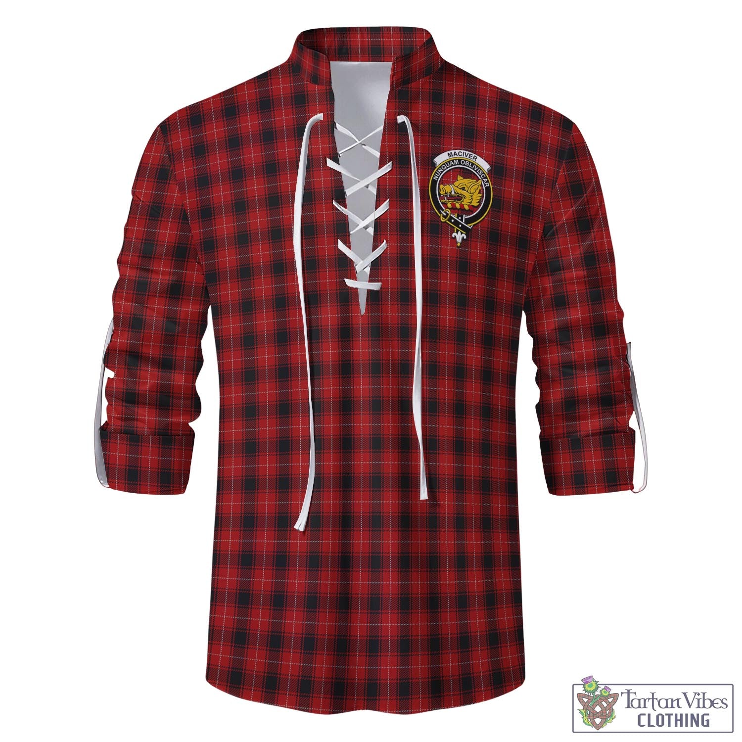Tartan Vibes Clothing MacIver Tartan Men's Scottish Traditional Jacobite Ghillie Kilt Shirt with Family Crest
