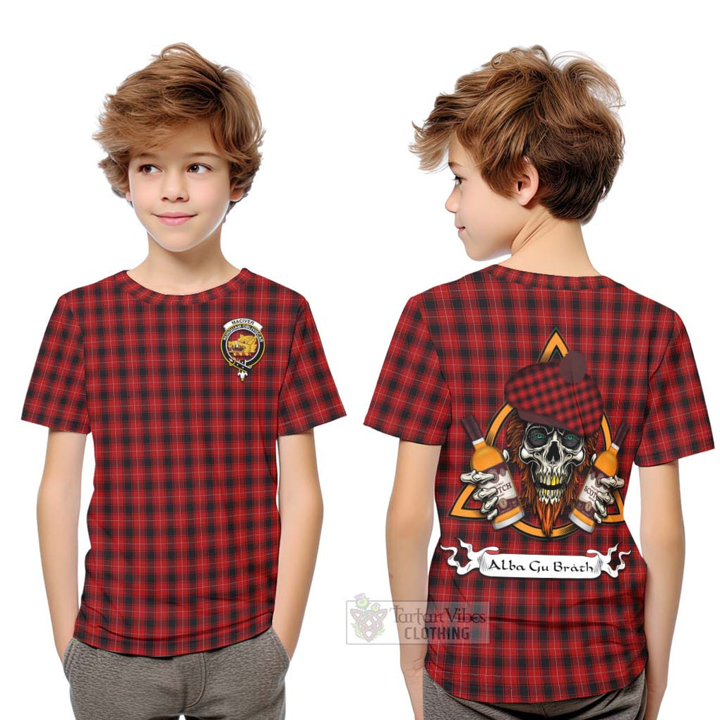 Tartan Vibes Clothing MacIver (McIver) Tartan Kid T-Shirt with Family Crest and Bearded Skull Holding Bottles of Whiskey