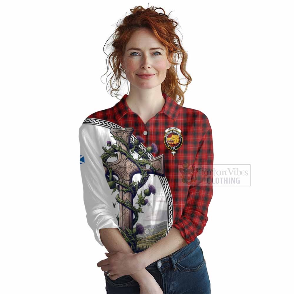 Tartan Vibes Clothing MacIver (McIver) Tartan Women's Casual Shirt with Family Crest and St. Andrew's Cross Accented by Thistle Vines