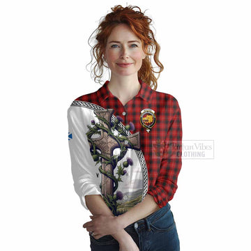 Tartan Vibes Clothing MacIver (McIver) Tartan Women's Casual Shirt with Family Crest and St. Andrew's Cross Accented by Thistle Vines