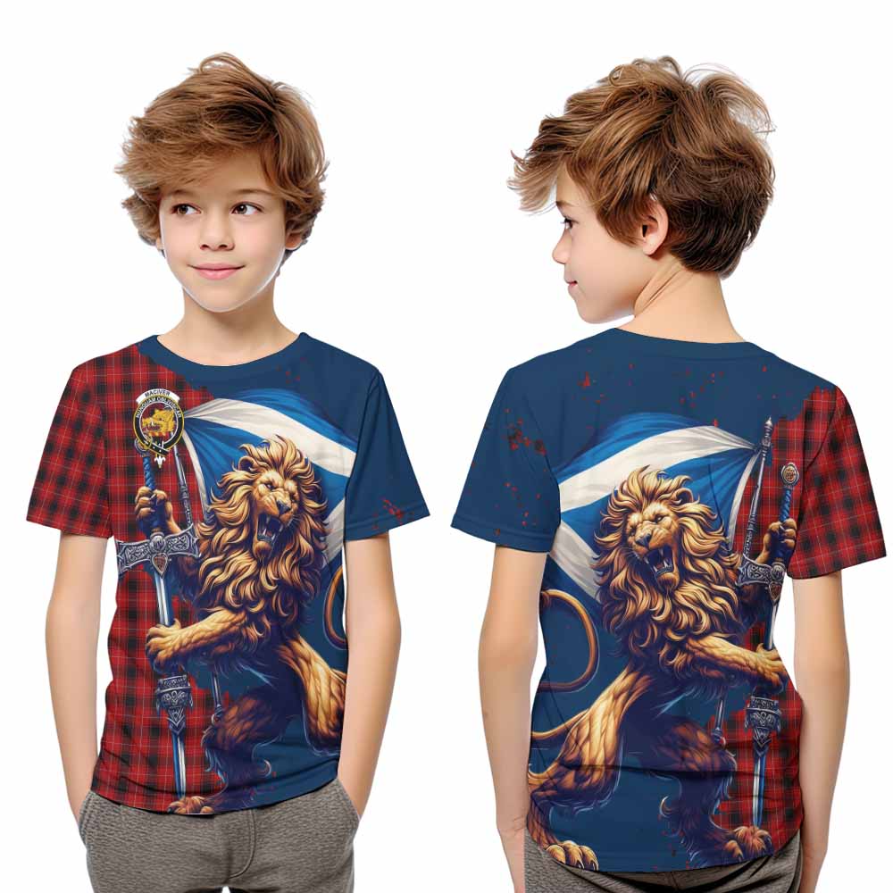 Tartan Vibes Clothing MacIver (McIver) Tartan Family Crest Kid T-Shirt with Scottish Majestic Lion