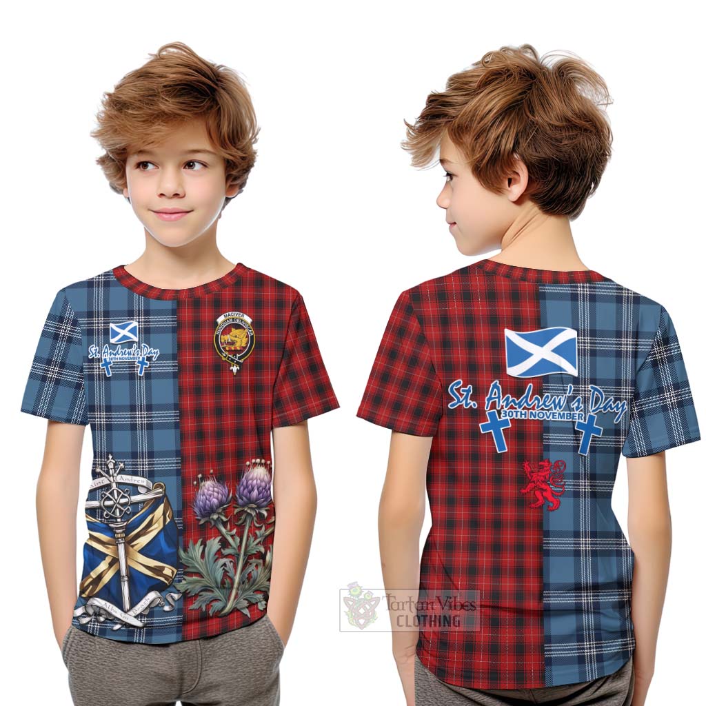 Tartan Vibes Clothing MacIver (McIver) Tartan Kid T-Shirt Happy St. Andrew's Day Half Tartan Style