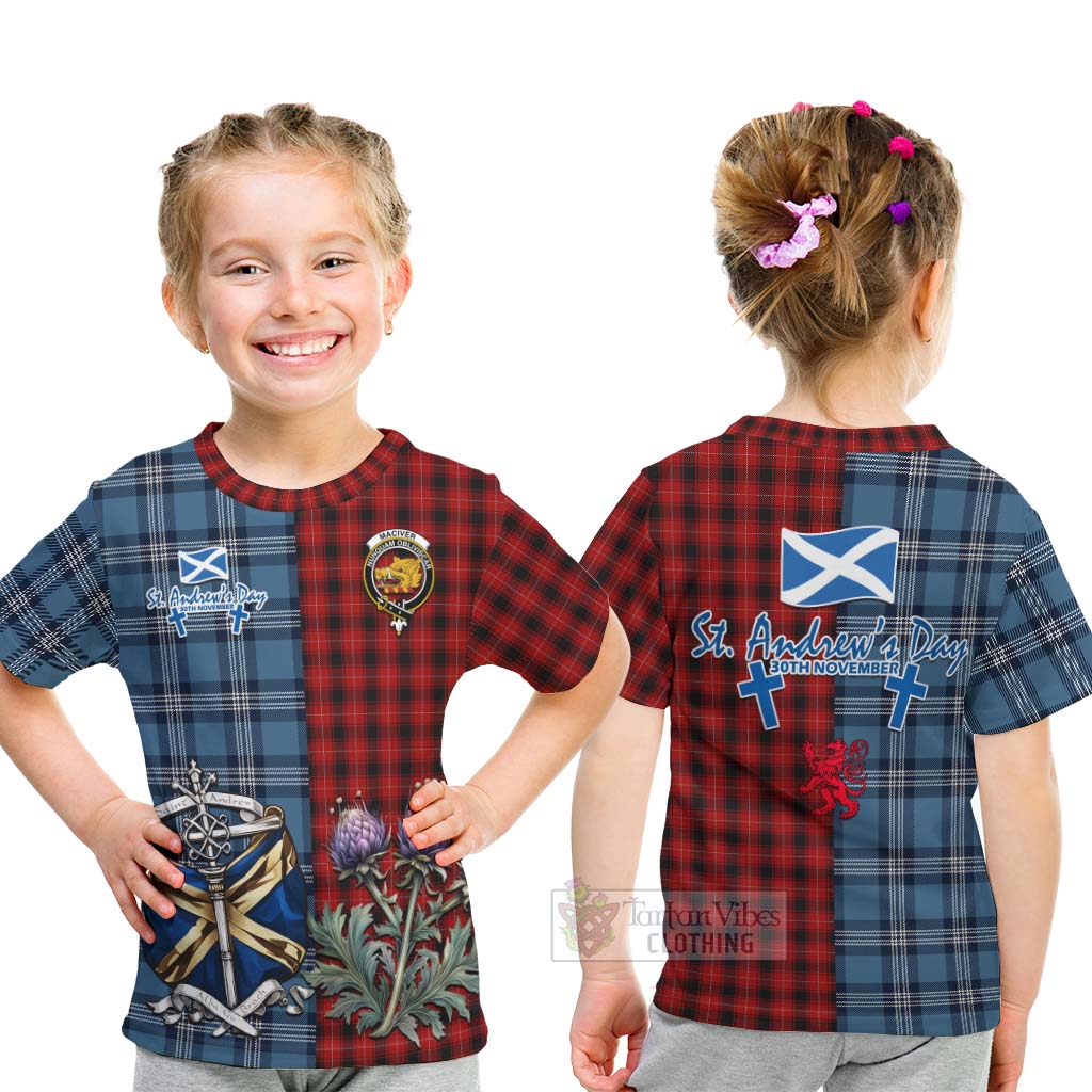 Tartan Vibes Clothing MacIver (McIver) Tartan Kid T-Shirt Happy St. Andrew's Day Half Tartan Style