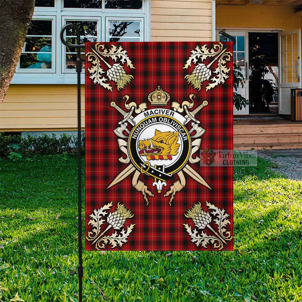 Tartan Vibes Clothing MacIver (McIver) Tartan Flag with Family Crest and Golden Thistle Crossed Sword Design