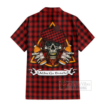 MacIver (McIver) Tartan Hawaiian Shirt with Family Crest and Bearded Skull Holding Bottles of Whiskey