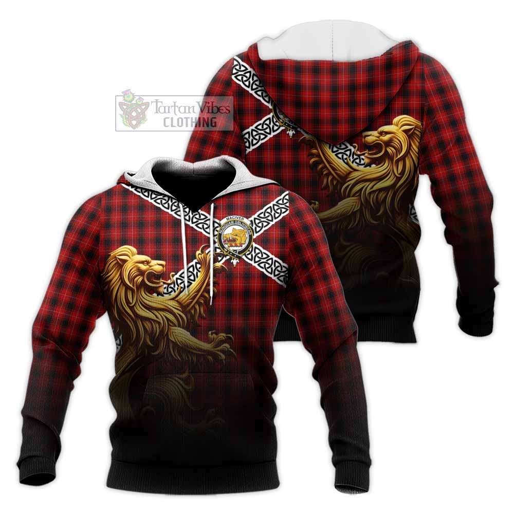 Tartan Vibes Clothing MacIver (McIver) Crest Tartan Knitted Hoodie with Golden Lion Emblem Celtic Style