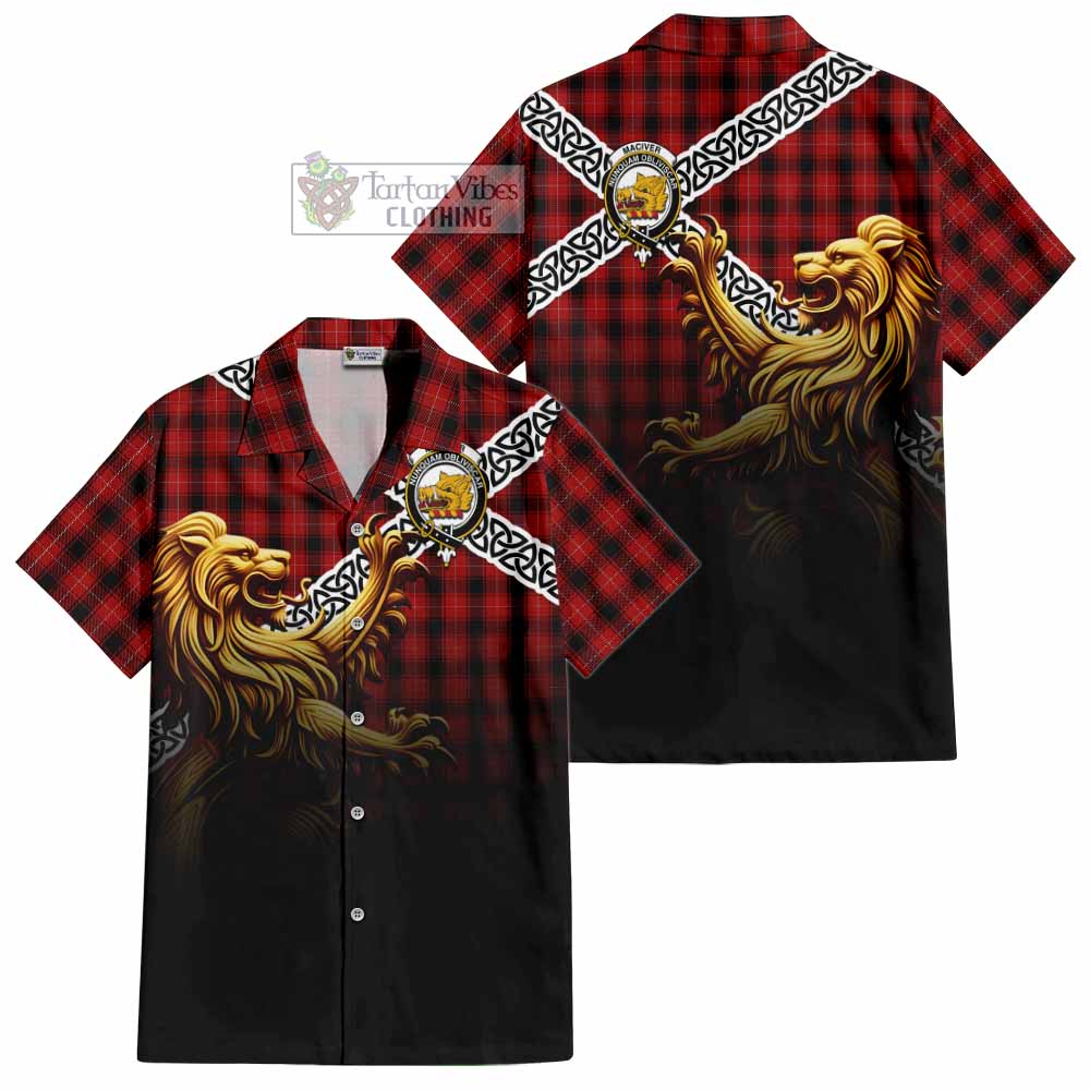 Tartan Vibes Clothing MacIver (McIver) Crest Tartan Short Sleeve Button Shirt with Golden Lion Emblem Celtic Style
