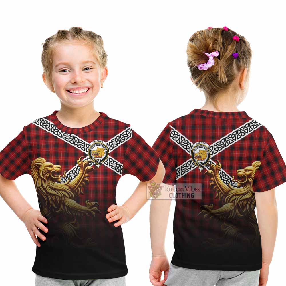 Tartan Vibes Clothing MacIver (McIver) Crest Tartan Kid T-Shirt with Golden Lion Emblem Celtic Style