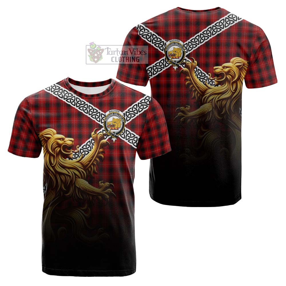 Tartan Vibes Clothing MacIver (McIver) Crest Tartan Cotton T-shirt with Golden Lion Emblem Celtic Style
