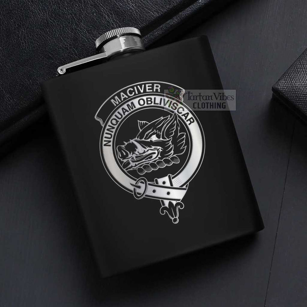 Tartan Vibes Clothing MacIver (McIver) Crest Hip Flask Set 7oz Black Stainless Steel with A Gift Box