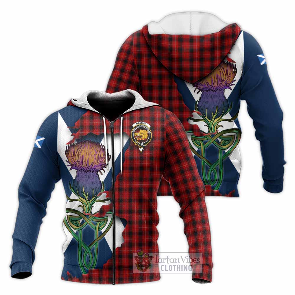 Tartan Vibes Clothing MacIver (McIver) Tartan Family Crest Knitted Hoodie Scottish Thistle Celtic Inspired