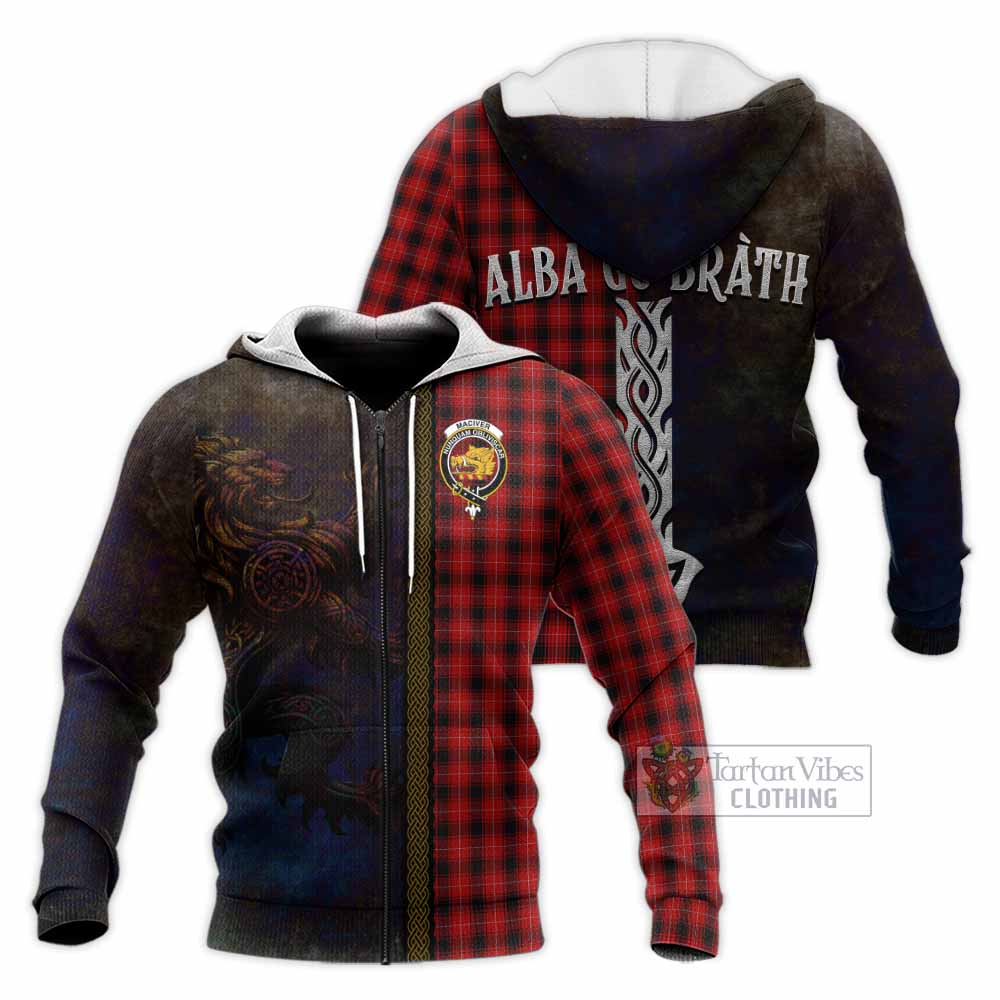 Tartan Vibes Clothing MacIver (McIver) Tartan Family Crest Knitted Hoodie Alba Gu Brath Be Brave Lion Ancient Style