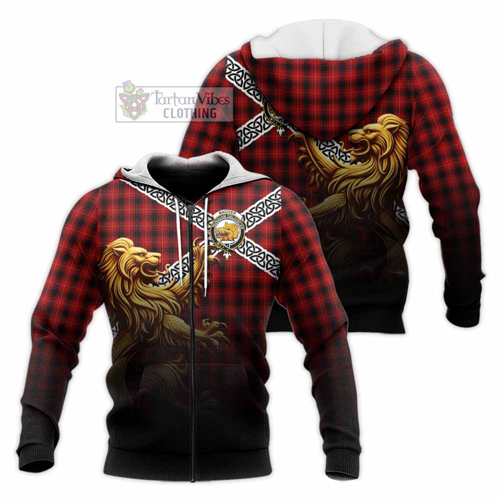 Tartan Vibes Clothing MacIver (McIver) Crest Tartan Knitted Hoodie with Golden Lion Emblem Celtic Style