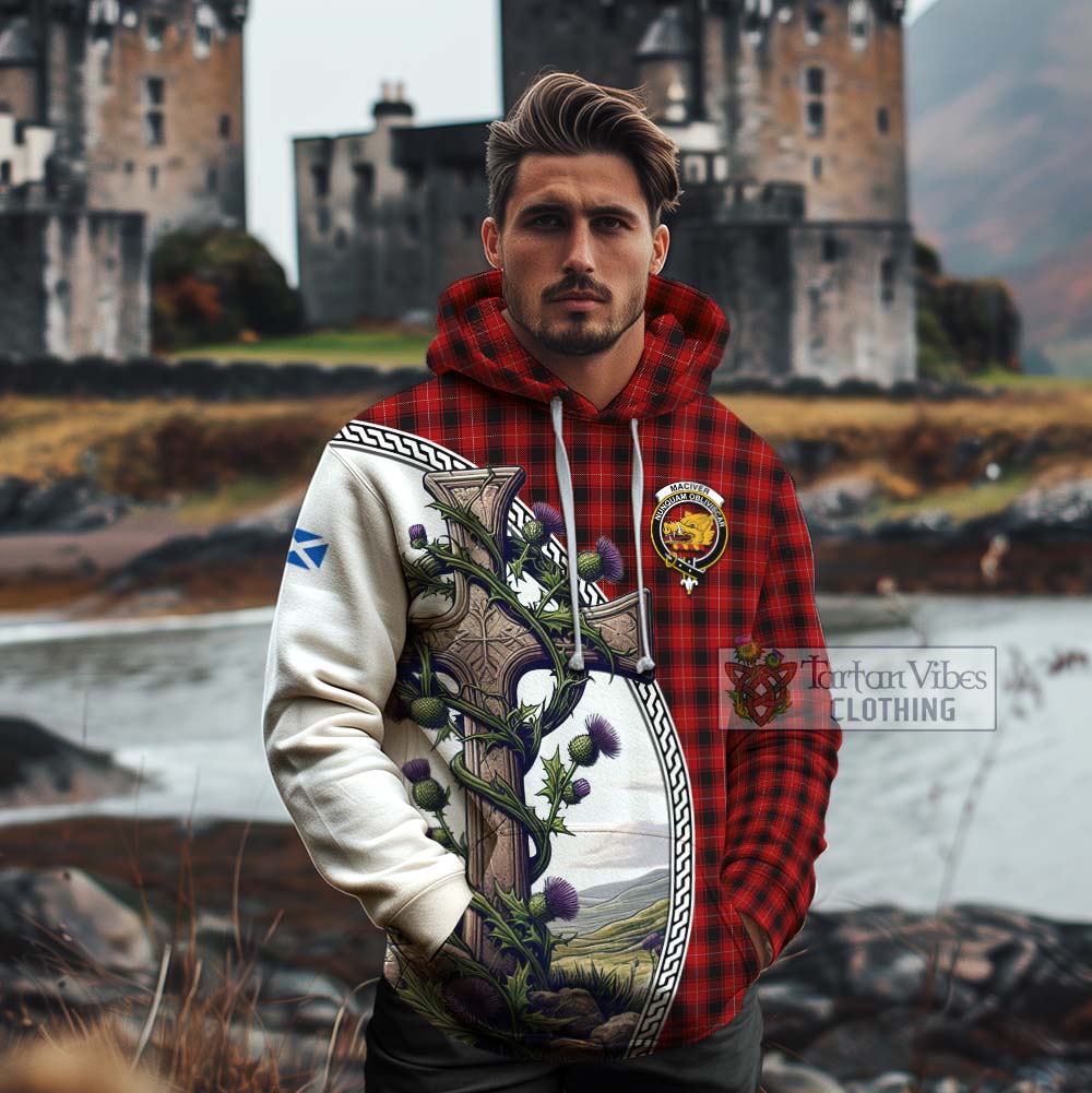 Tartan Vibes Clothing MacIver (McIver) Tartan Cotton Hoodie with Family Crest and St. Andrew's Cross Accented by Thistle Vines