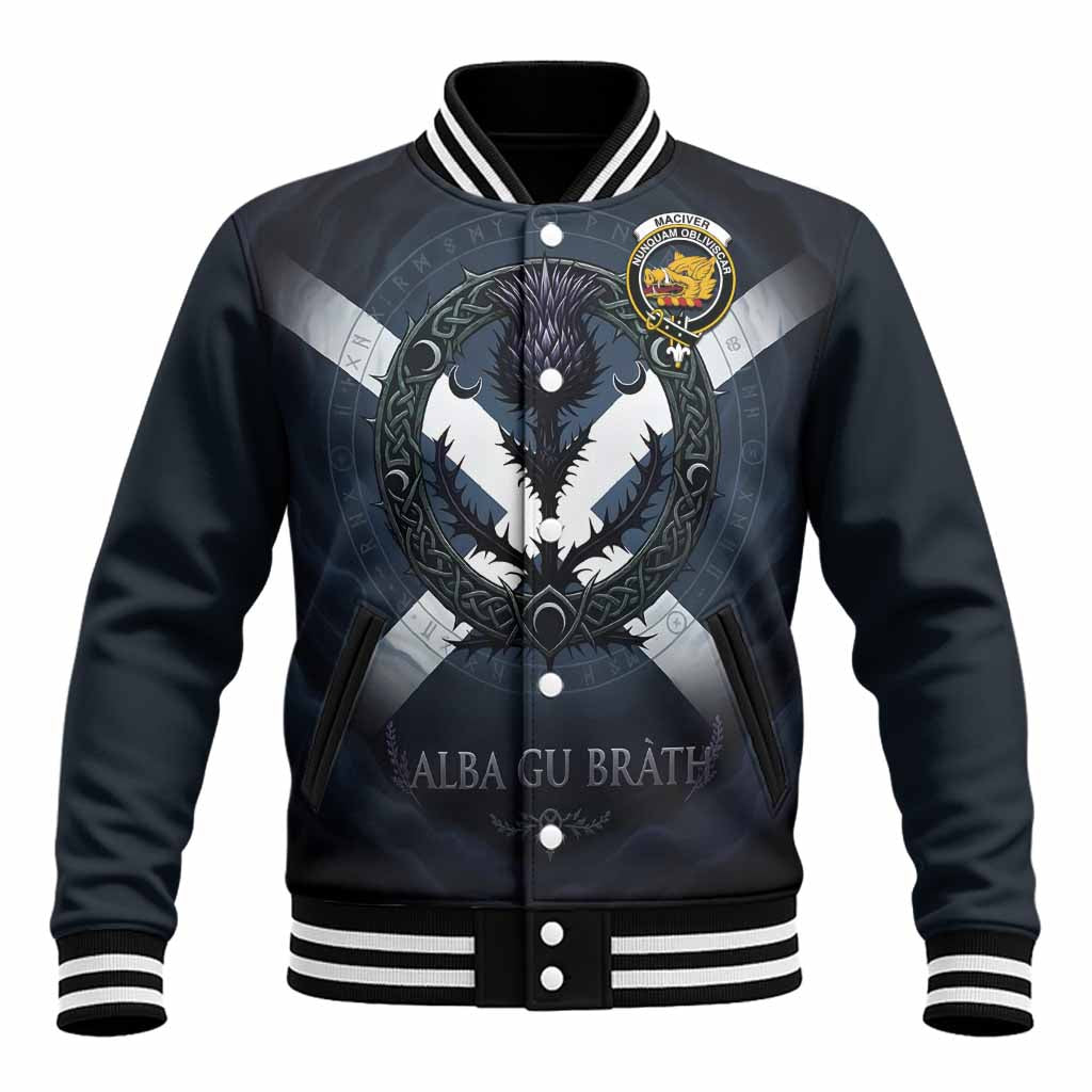 MacIver (McIver) Clan Crest Baseball Jacket with Celtic Knot Thistle and Saltire