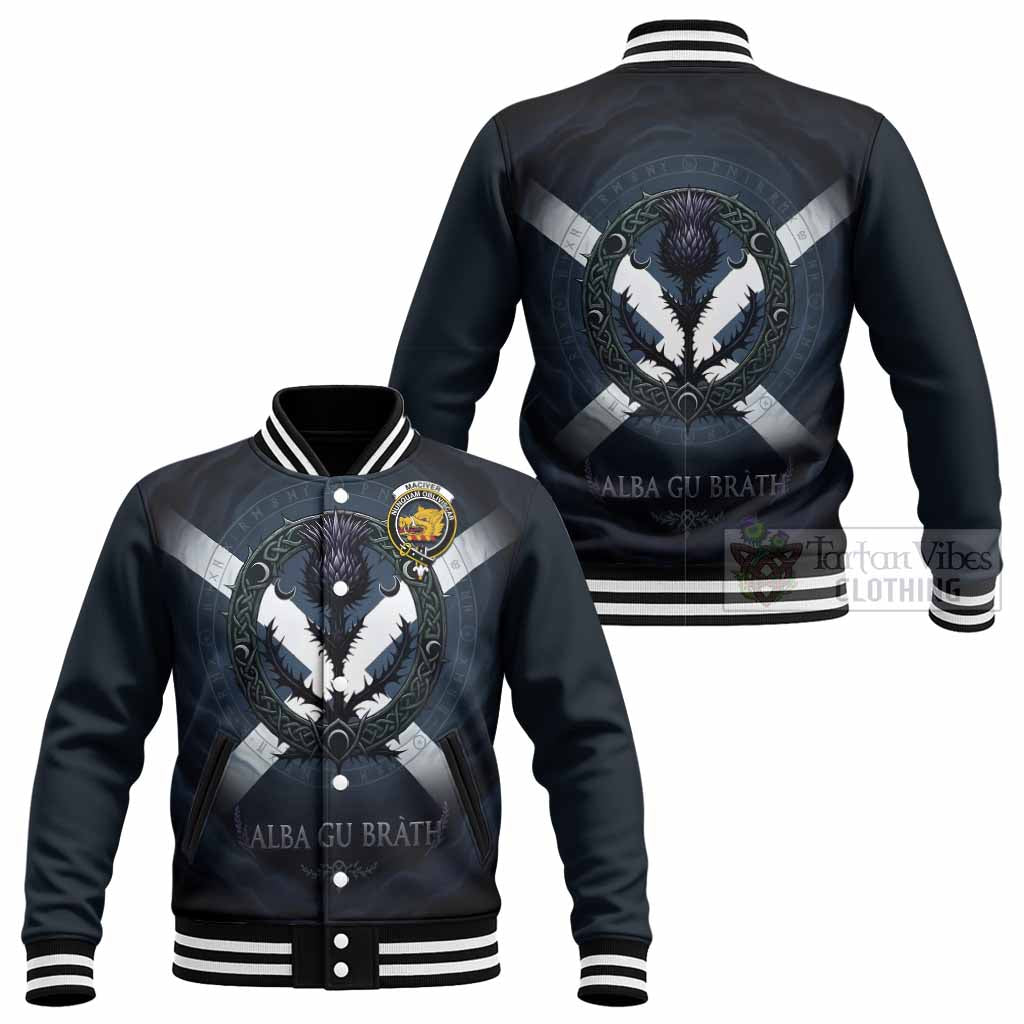 MacIver (McIver) Clan Crest Baseball Jacket with Celtic Knot Thistle and Saltire