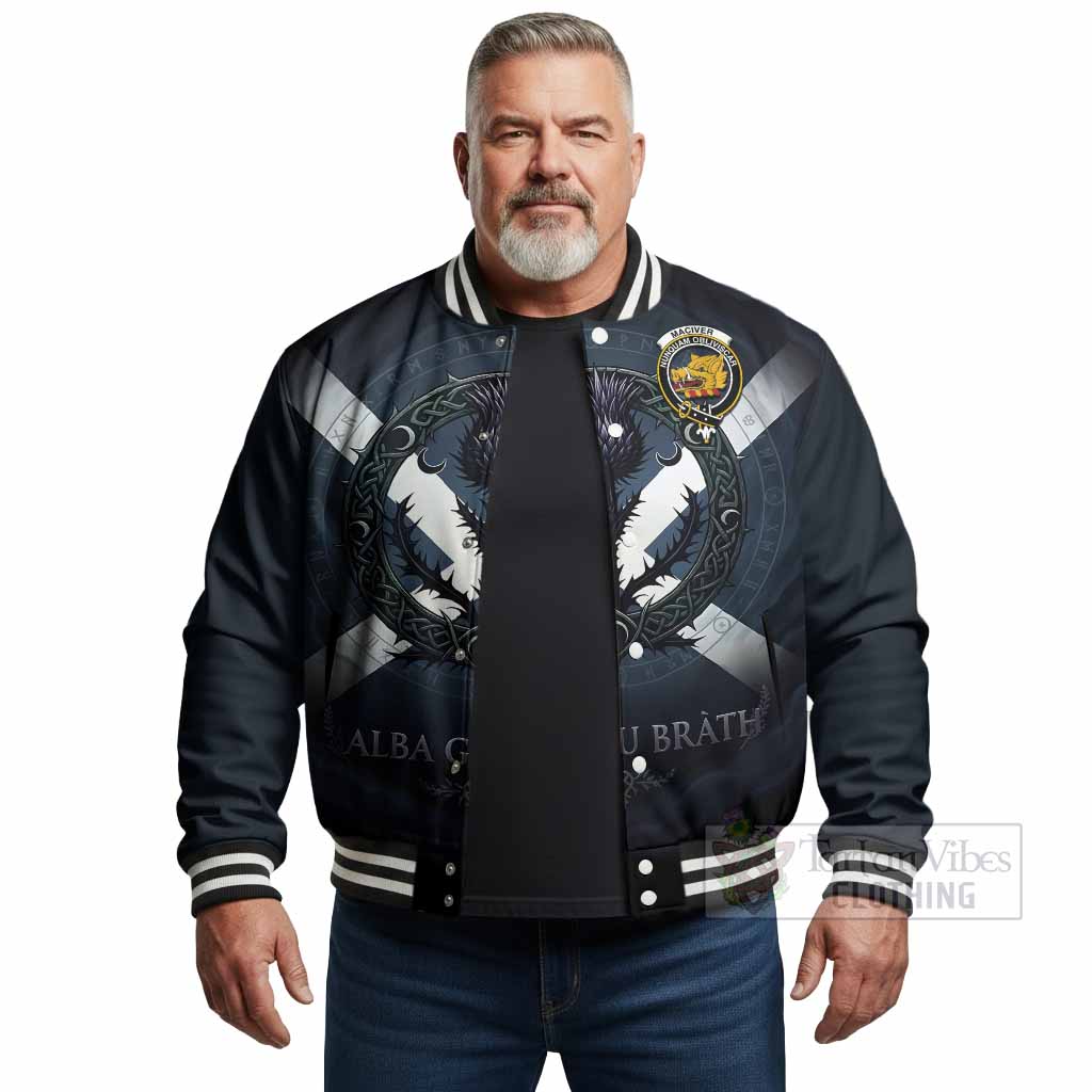 MacIver (McIver) Clan Crest Baseball Jacket with Celtic Knot Thistle and Saltire