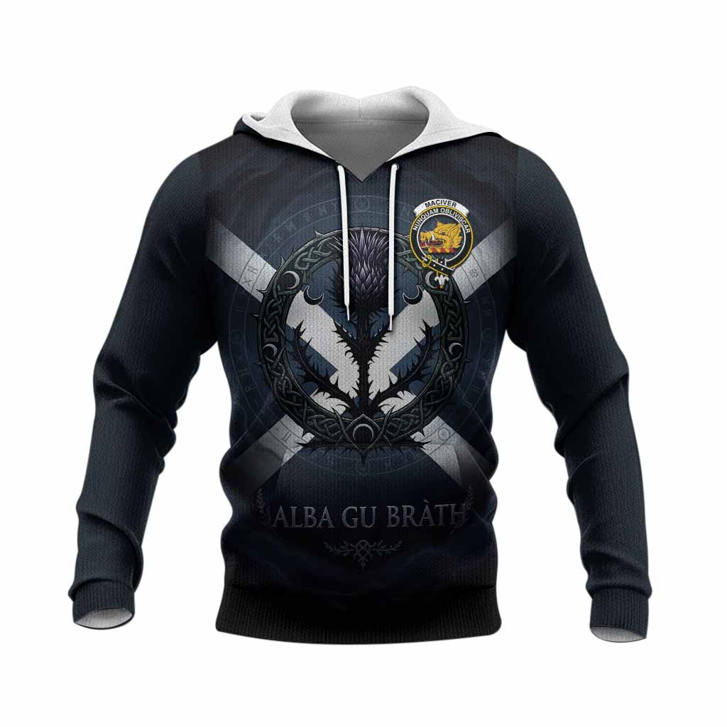 MacIver (McIver) Clan Crest Knitted Hoodie with Celtic Knot Thistle and Saltire
