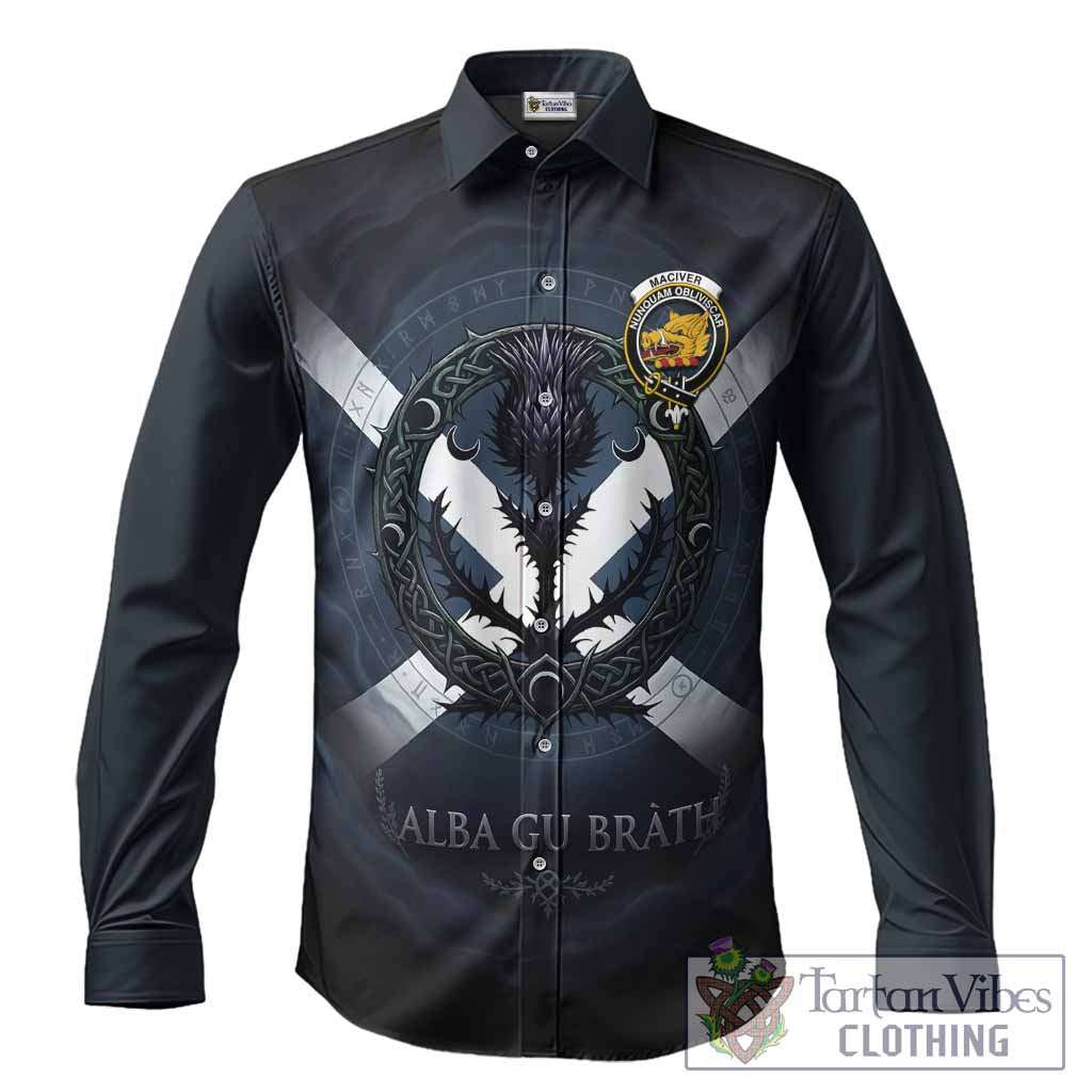 MacIver (McIver) Clan Crest Long Sleeve Button Shirts with Celtic Knot Thistle and Saltire
