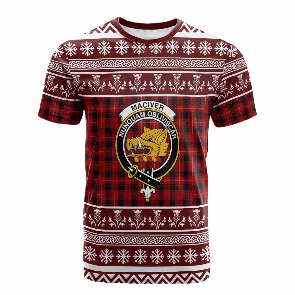 MacIver (McIver) Clan Tartan Christmas Cotton T-shirt with Family Crest - Tartan Vibes Clothing