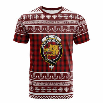 MacIver (McIver) Clan Tartan Christmas Cotton T-shirt with Family Crest