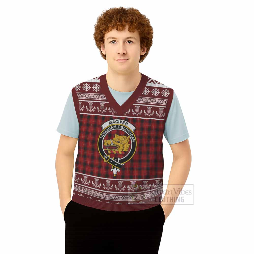 MacIver (McIver) Clan Tartan Christmas Knitted V-Neck Vest with Family Crest - Tartan Vibes Clothing