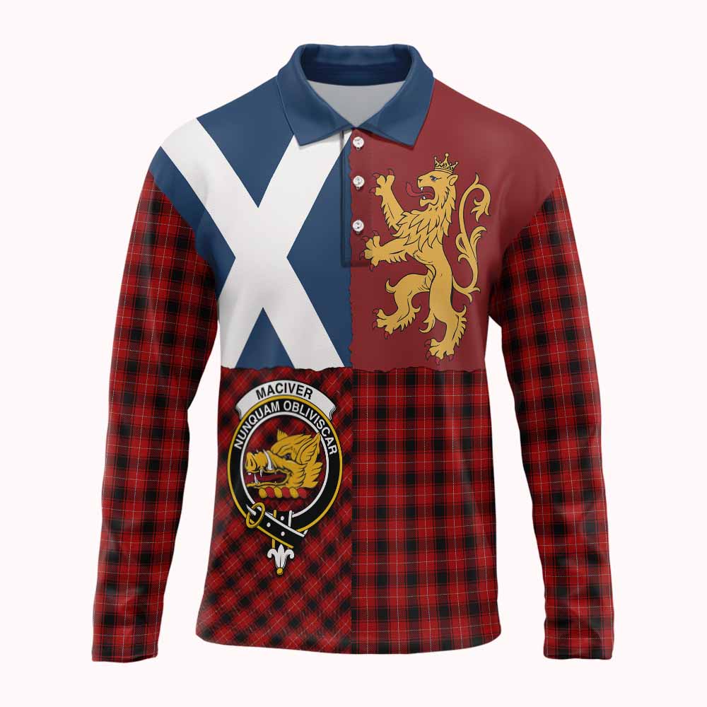 MacIver (McIver) Crest Tartan Long Sleeve Polo Shirt with Lion Rampant Saltire Style