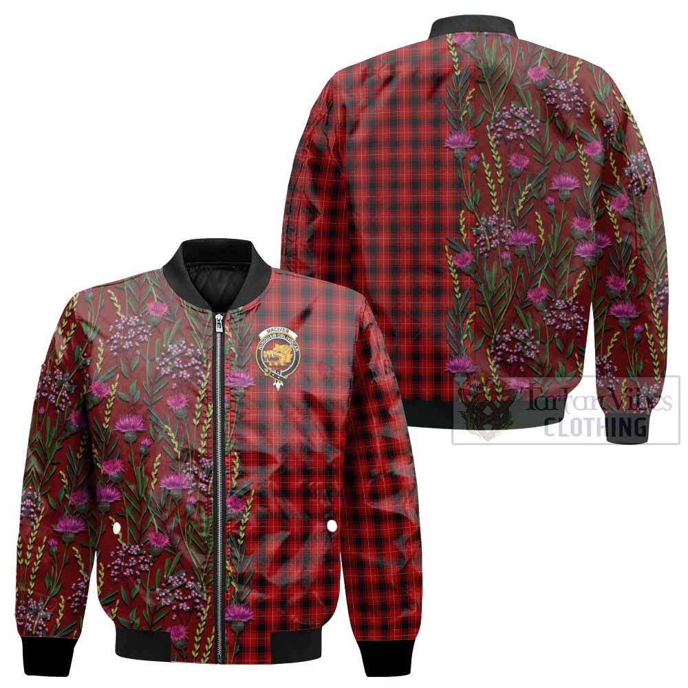 MacIver (McIver) Family Crest Tartan Bomber Jacket Scottish Thistle Flower Pattern Half Style - Tartan Vibes Clothing