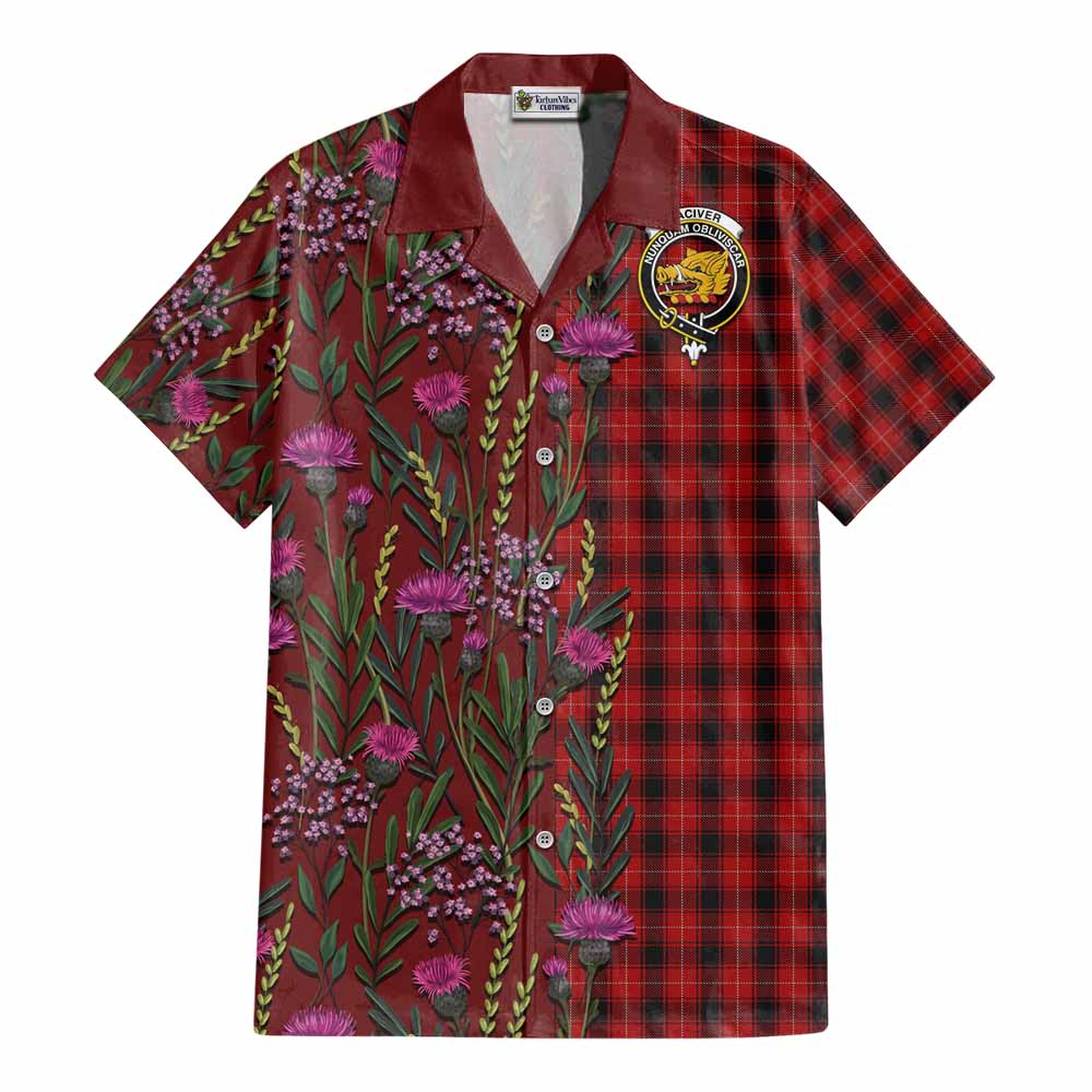 MacIver (McIver) Family Crest Tartan Cotton Hawaiian Shirt Scottish Thistle Flower Pattern Half Style - Tartan Vibes Clothing