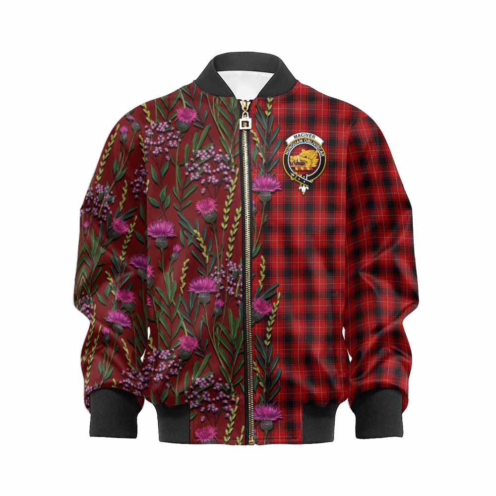 MacIver (McIver) Family Crest Tartan Kid Bomber Jacket Scottish Thistle Flower Pattern Half Style - Tartan Vibes Clothing