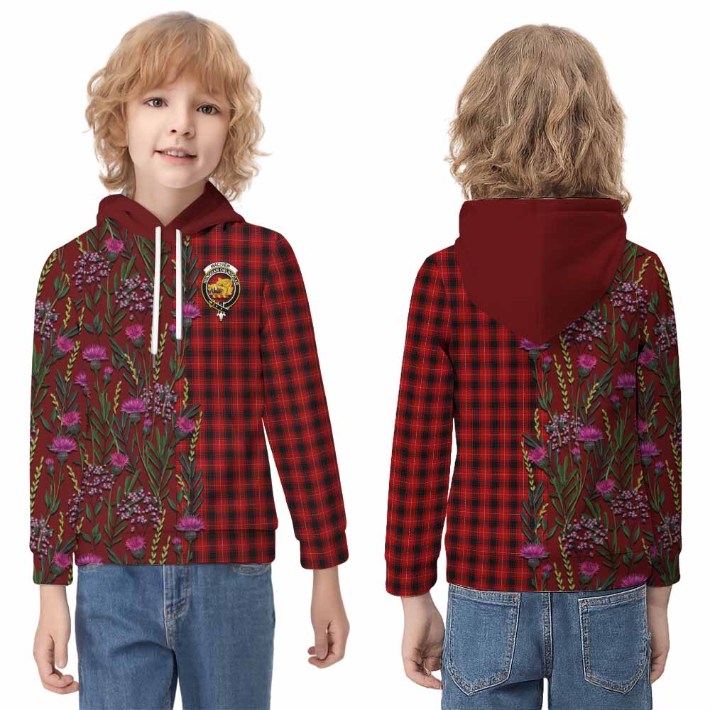MacIver (McIver) Family Crest Tartan Kid Hoodie Scottish Thistle Flower Pattern Half Style - Tartan Vibes Clothing