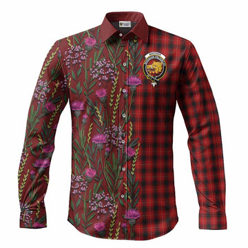 MacIver (McIver) Family Crest Tartan Long Sleeve Button Shirts Scottish Thistle Flower Pattern Half Style