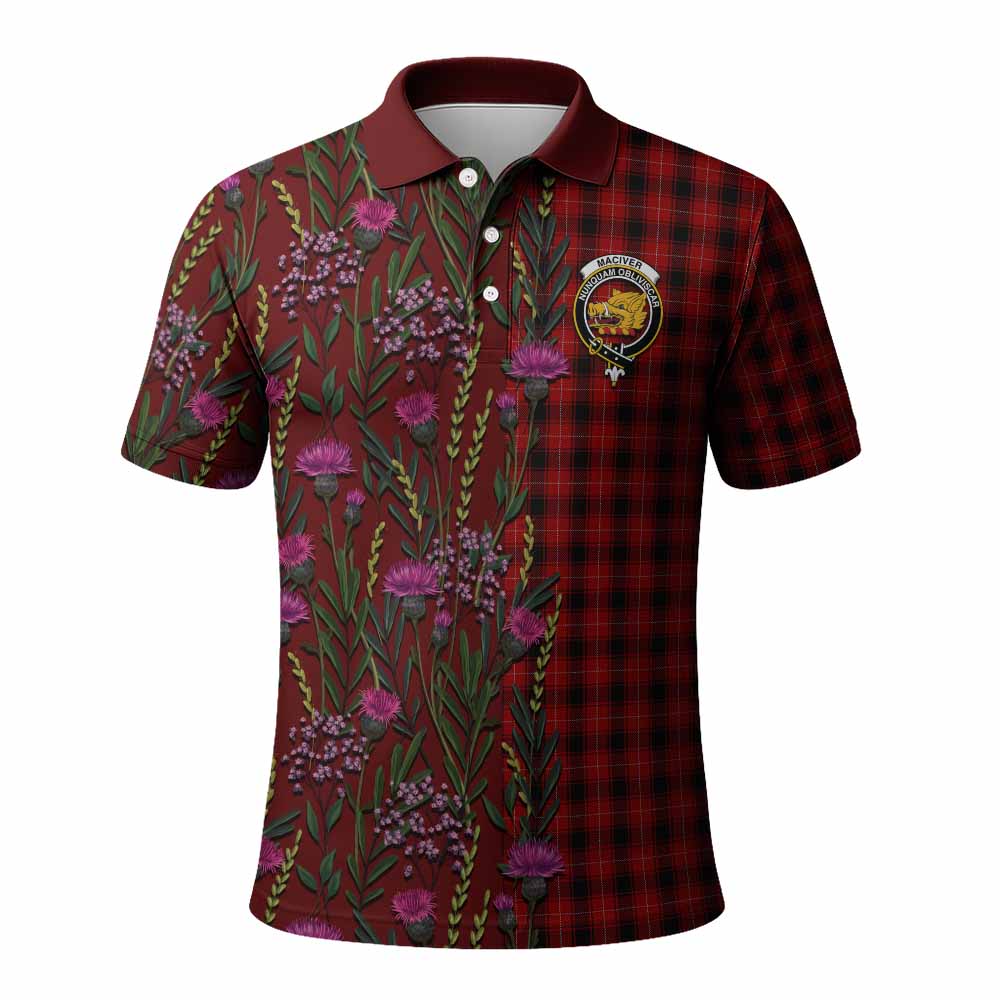 MacIver (McIver) Family Crest Tartan Polo Shirt Scottish Thistle Flower Pattern Half Style - Tartan Vibes Clothing