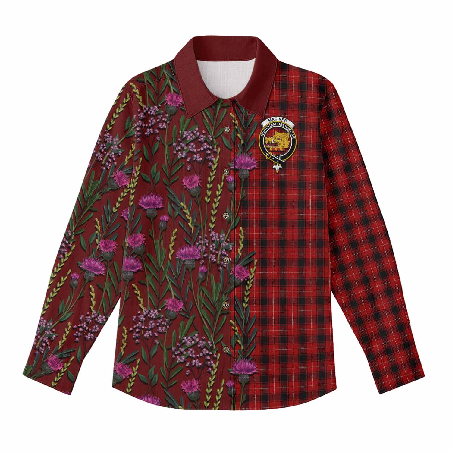 MacIver (McIver) Family Crest Tartan Women Casual Shirt Scottish Thistle Flower Pattern Half Style - Tartan Vibes Clothing