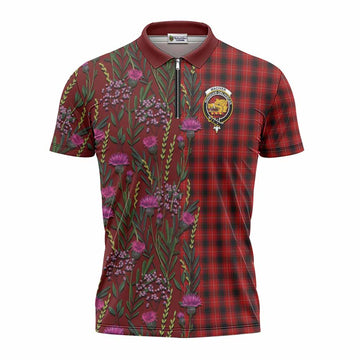 MacIver (McIver) Family Crest Tartan Zipper Polo Shirt Scottish Thistle Flower Pattern Half Style - Tartan Vibes Clothing