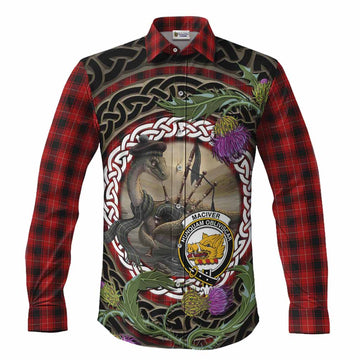 MacIver (McIver) Tartan Crest Bagpipe Nessie Long Sleeve Button Shirts Scottish Loch Ness Monster Celtic Thistle