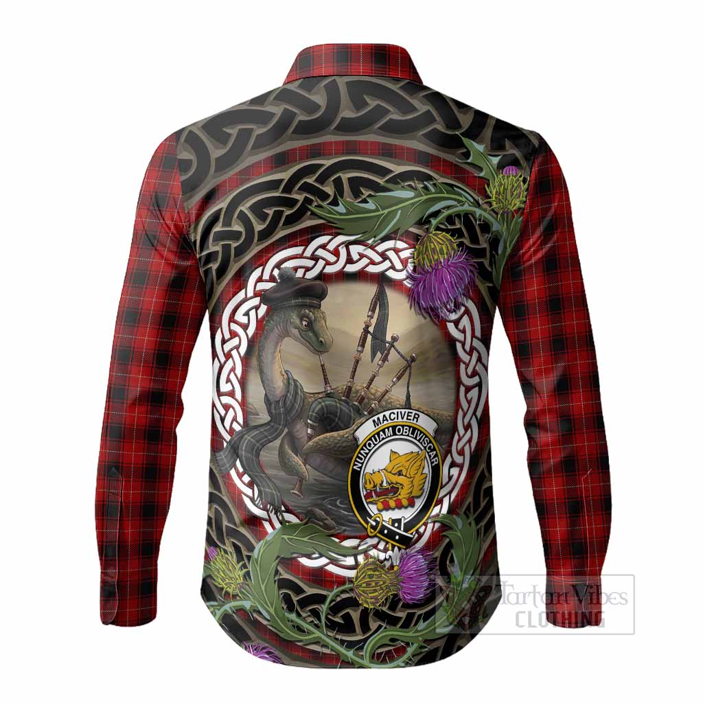 MacIver (McIver) Tartan Crest Bagpipe Nessie Long Sleeve Button Shirts Scottish Loch Ness Monster Celtic Thistle