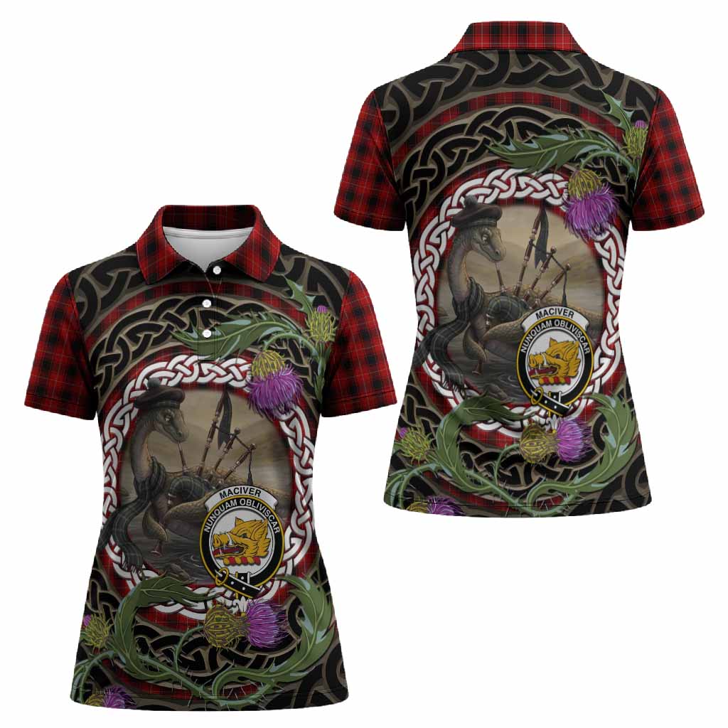 MacIver (McIver) Tartan Crest Bagpipe Nessie Women Polo Shirt Scottish Loch Ness Monster Celtic Thistle