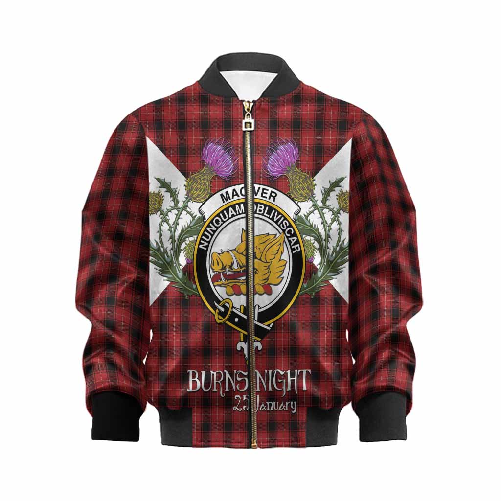 MacIver (McIver) Tartan Family Crest Kid Bomber Jacket Scottish Burns Night Thistle Floral