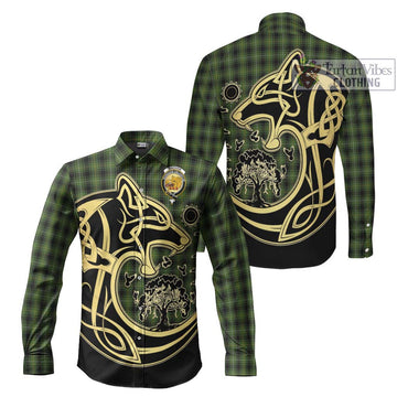 MacIvor Hunting Tartan Long Sleeve Button Shirt with Family Crest Celtic Wolf Style Men's Shirt S - Tartan Vibes Clothing