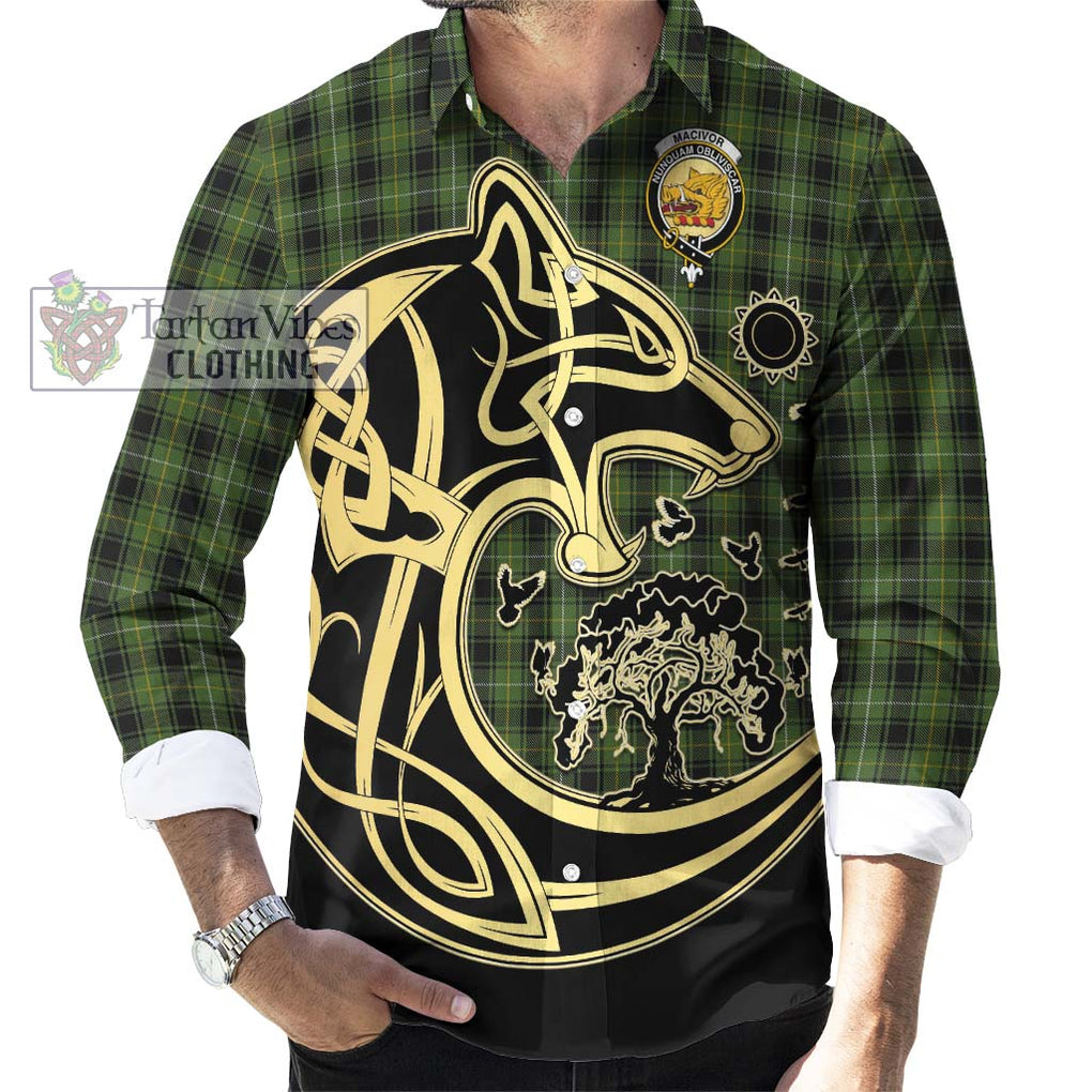MacIvor Hunting Tartan Long Sleeve Button Shirt with Family Crest Celtic Wolf Style - Tartan Vibes Clothing