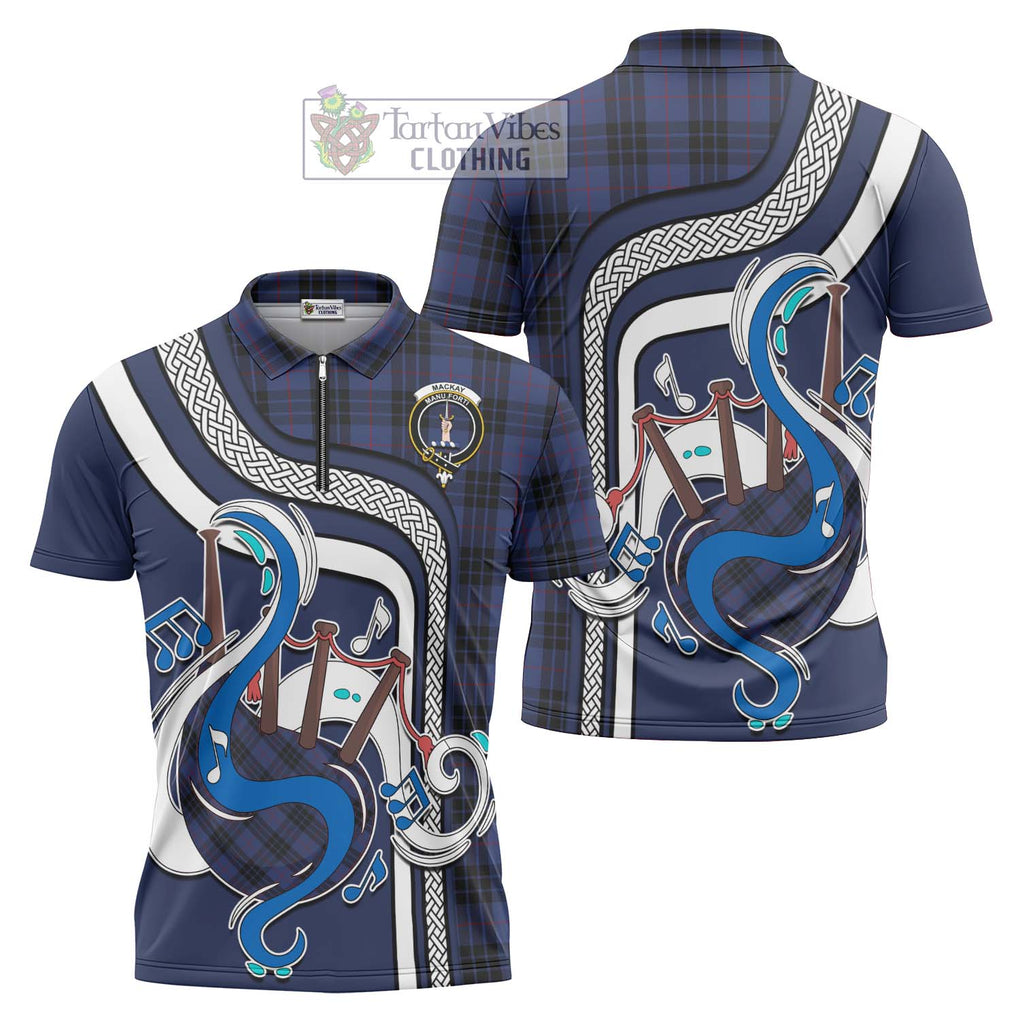 Tartan Vibes Clothing MacKay Blue #02 Tartan Zipper Polo Shirt with Epic Bagpipe Style